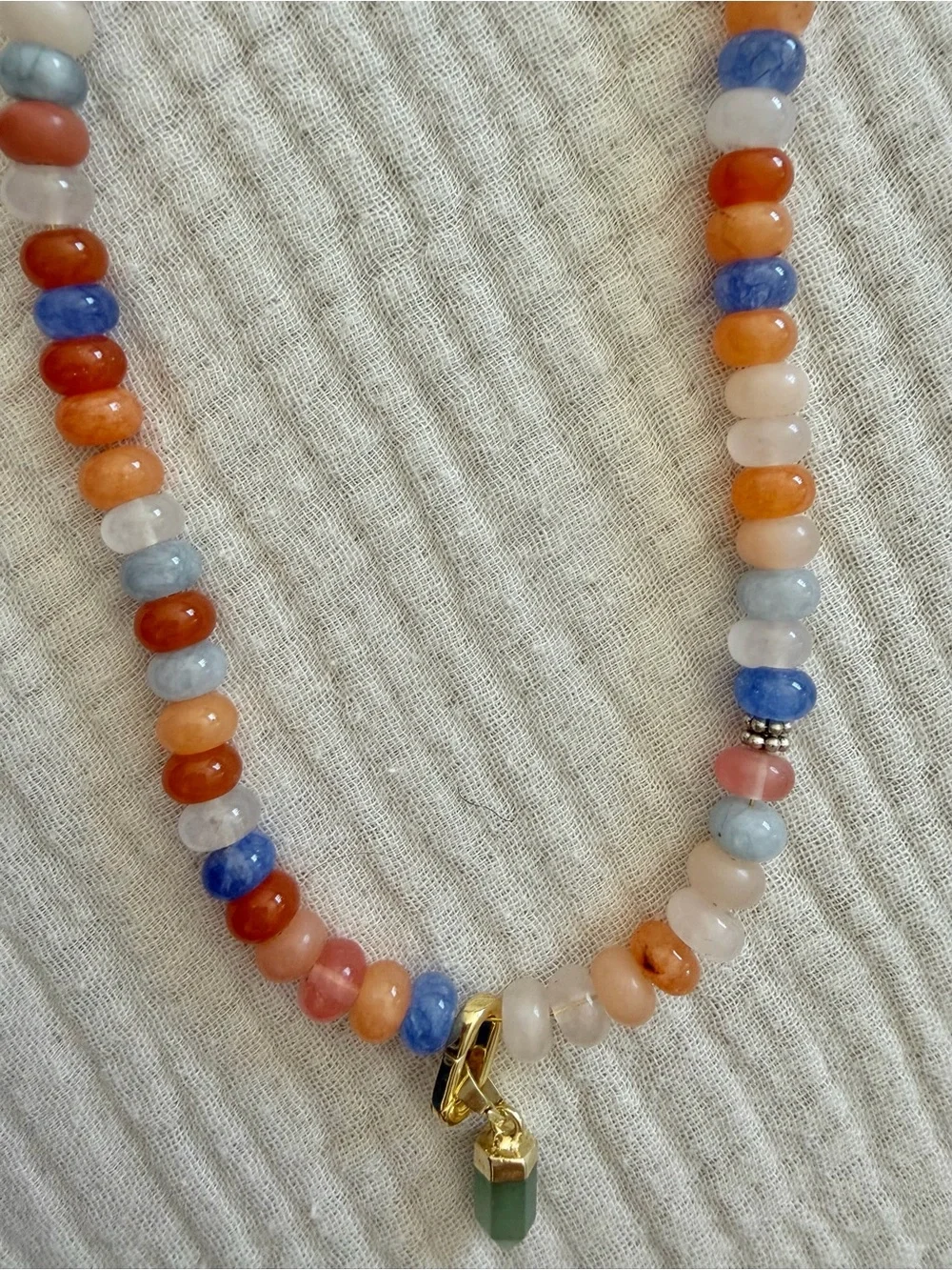 Blue Orange Pink Multicolor Jade Crystal Beaded Necklace with Green Gold Charm